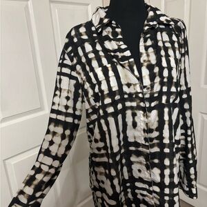 Calvin Klein Black White and Brown Abstract Grid Button-Up Top